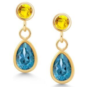 14K Yellow Gold with 1.07 Cttw London Blue Topaz and Yellow Sapphire Earrings